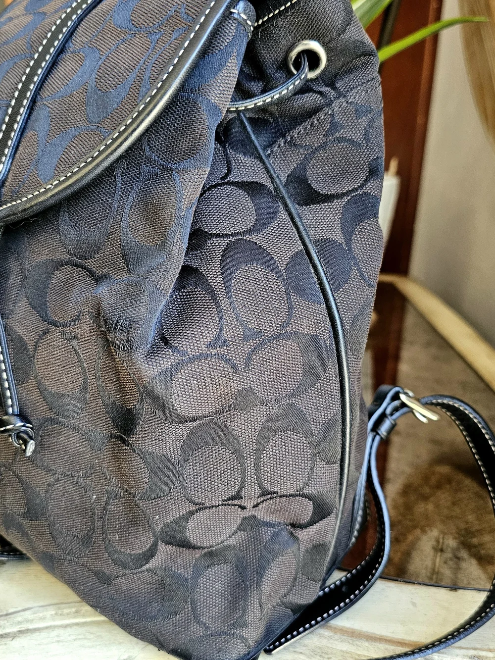 Vintage Coach Signature Canvas Drawstring Backpack Black Leather Trim Monogram